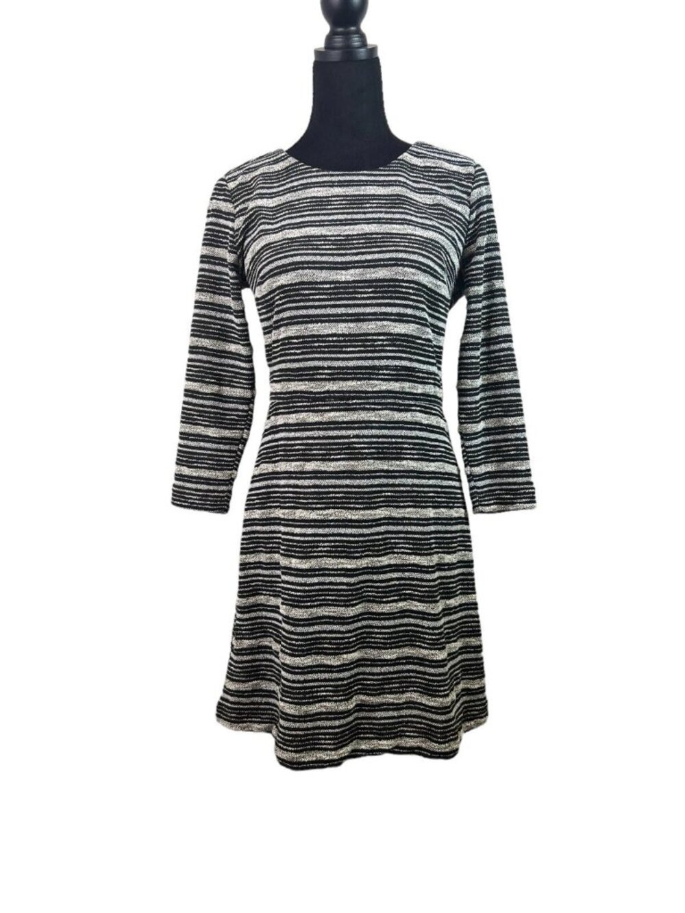 LOFT Black & White Textured Striped Knit Fit & Flare Dress